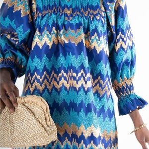 NWT Emily McCarthy Blue Charlotte Ripple Dress Size Large Holiday Party Luxury L